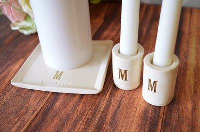 PERSONALIZED Unity Candle Ceremony Set with Ceramic Candle Holders and Square Plate