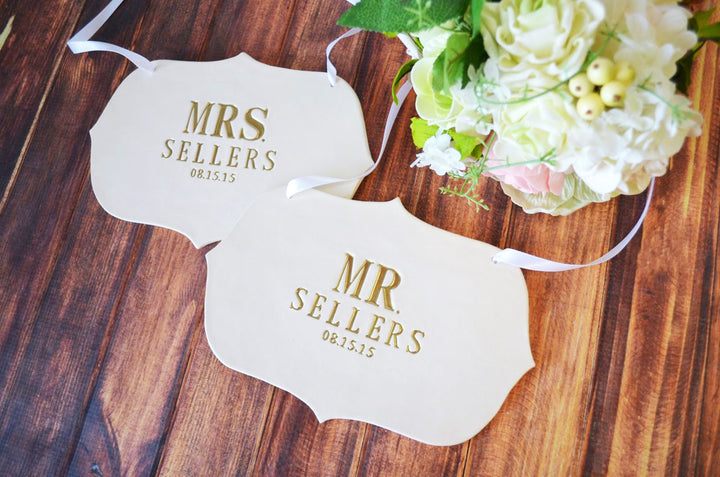 Custom Large Mr. & Mrs. Wedding Sign Sets - Name & Date - Photo Prop or Sign to Carry Down the Aisle