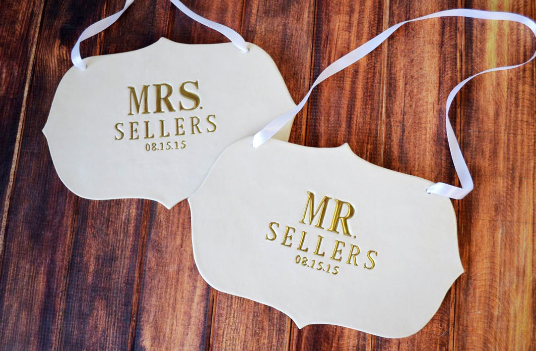 Custom Large Mr. & Mrs. Wedding Sign Sets - Name & Date - Photo Prop or Sign to Carry Down the Aisle