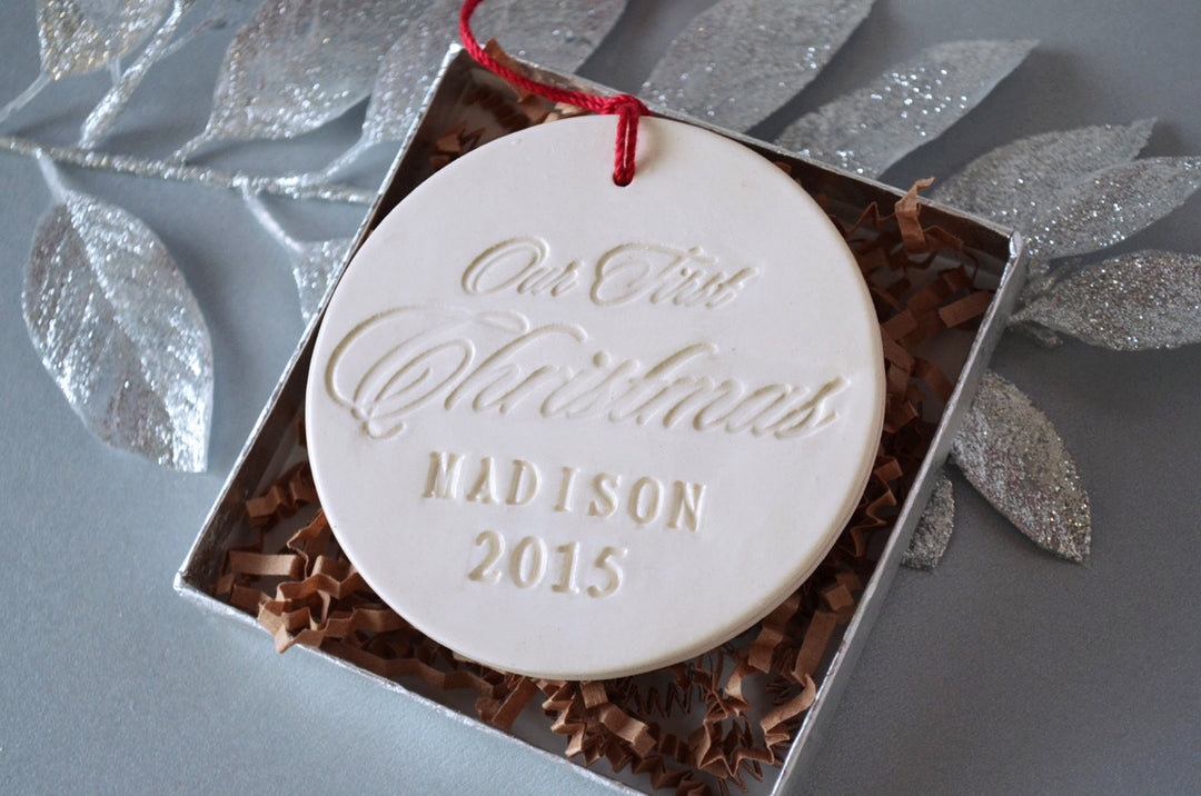 Personalized Our First Christmas Ornament with last name and year, Gift Boxed