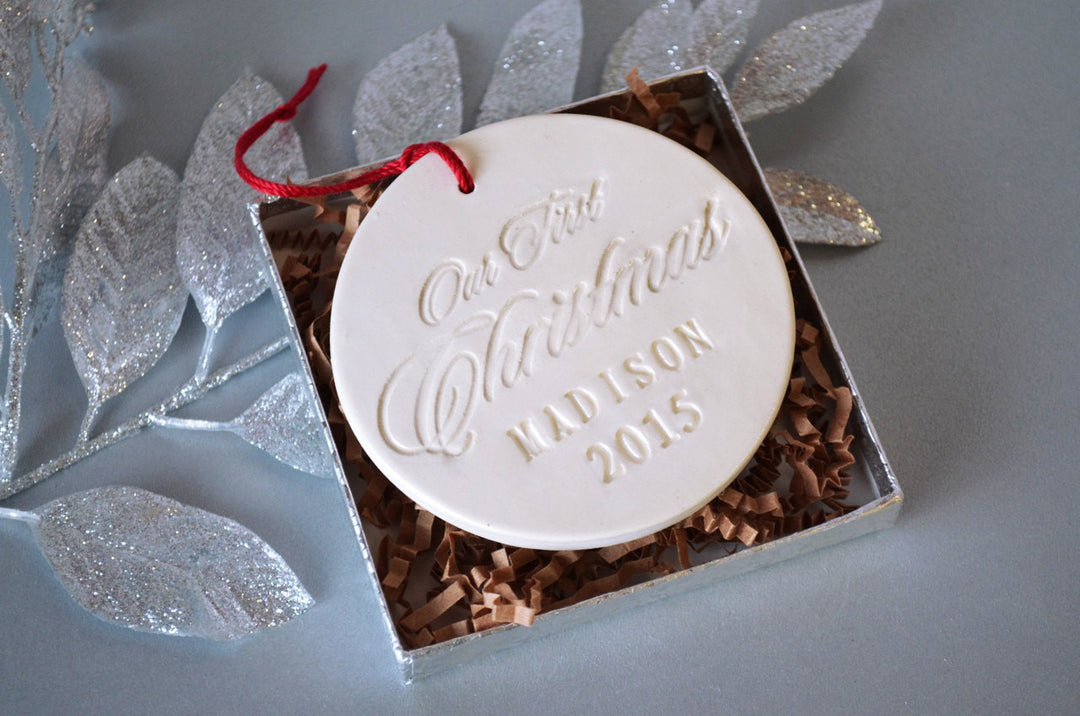 Personalized Our First Christmas Ornament with last name and year, Gift Boxed