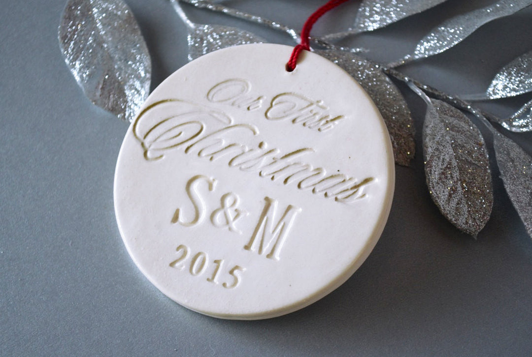 Personalized Our First Christmas Ornament with Initials and Year - Gift Boxed