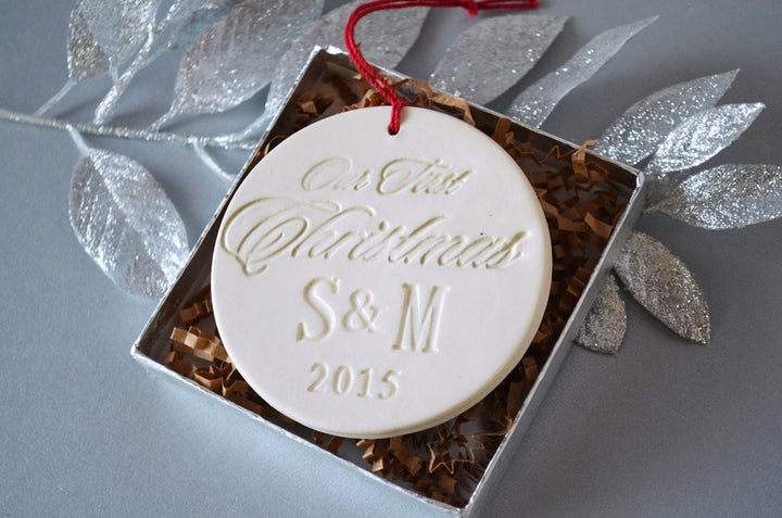 Personalized Our First Christmas Ornament with Initials and Year - Gift Boxed