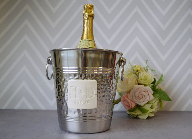 Personalized Wedding Gift - Hammered Stainless Steel Wine Bucket wtih Initials