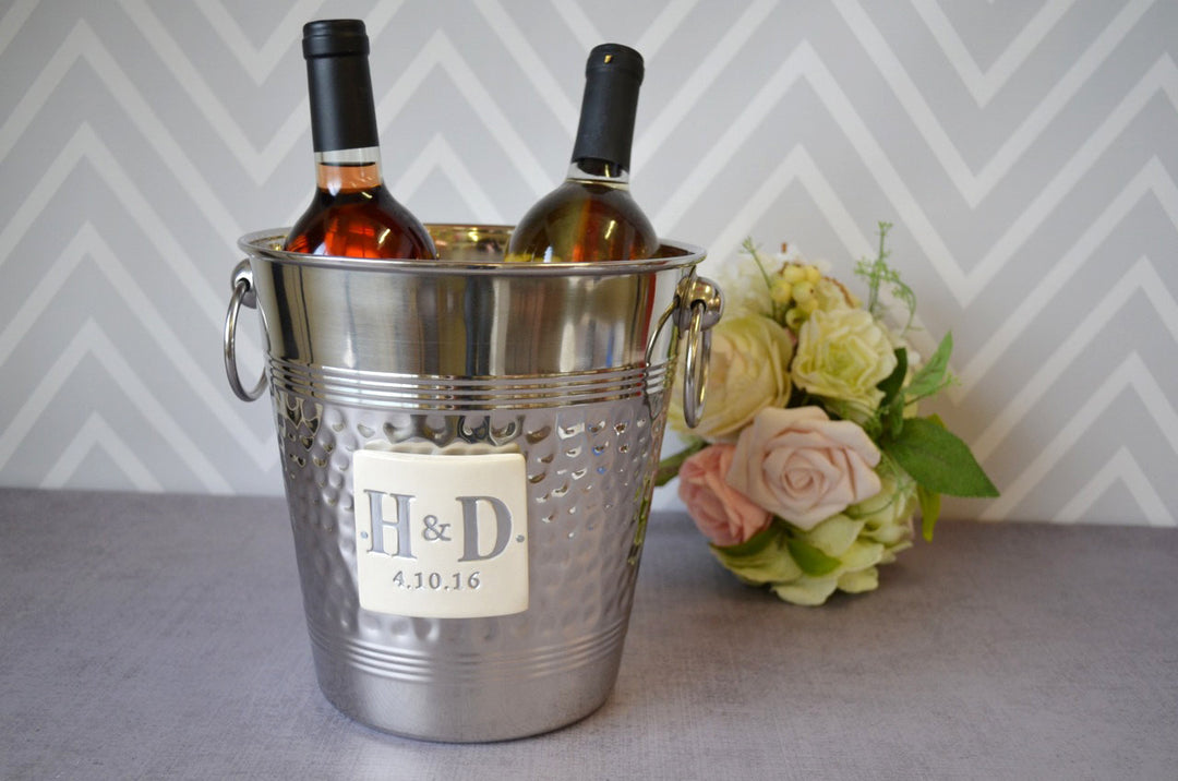 Personalized Wedding Gift - Hammered Stainless Steel Wine Bucket with Painted Initials