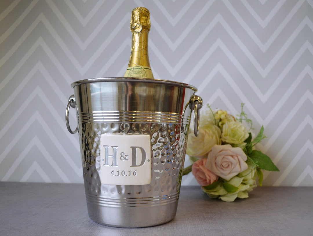 Personalized Wedding Gift - Hammered Stainless Steel Wine Bucket with Painted Initials