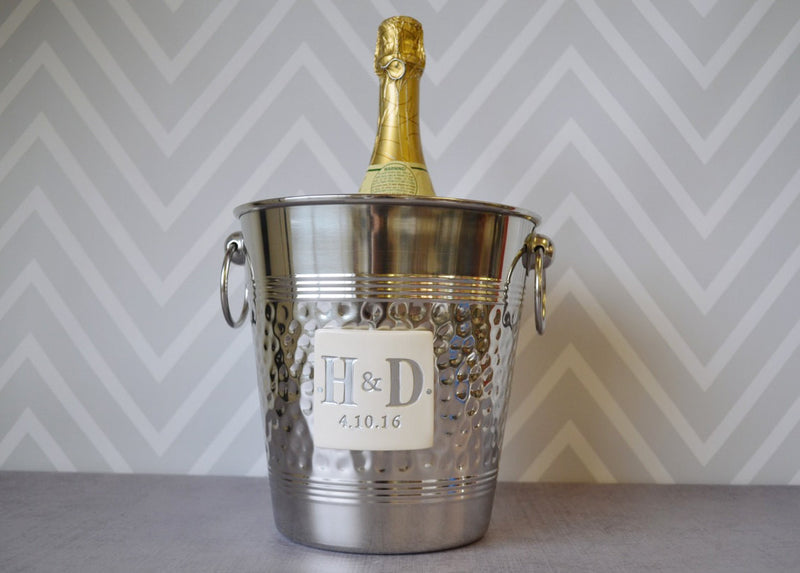 Personalized Wedding Gift - Hammered Stainless Steel Wine Bucket with Painted Initials