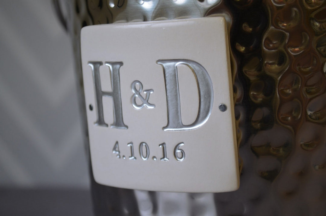 Personalized Wedding Gift - Hammered Stainless Steel Wine Bucket with Painted Initials