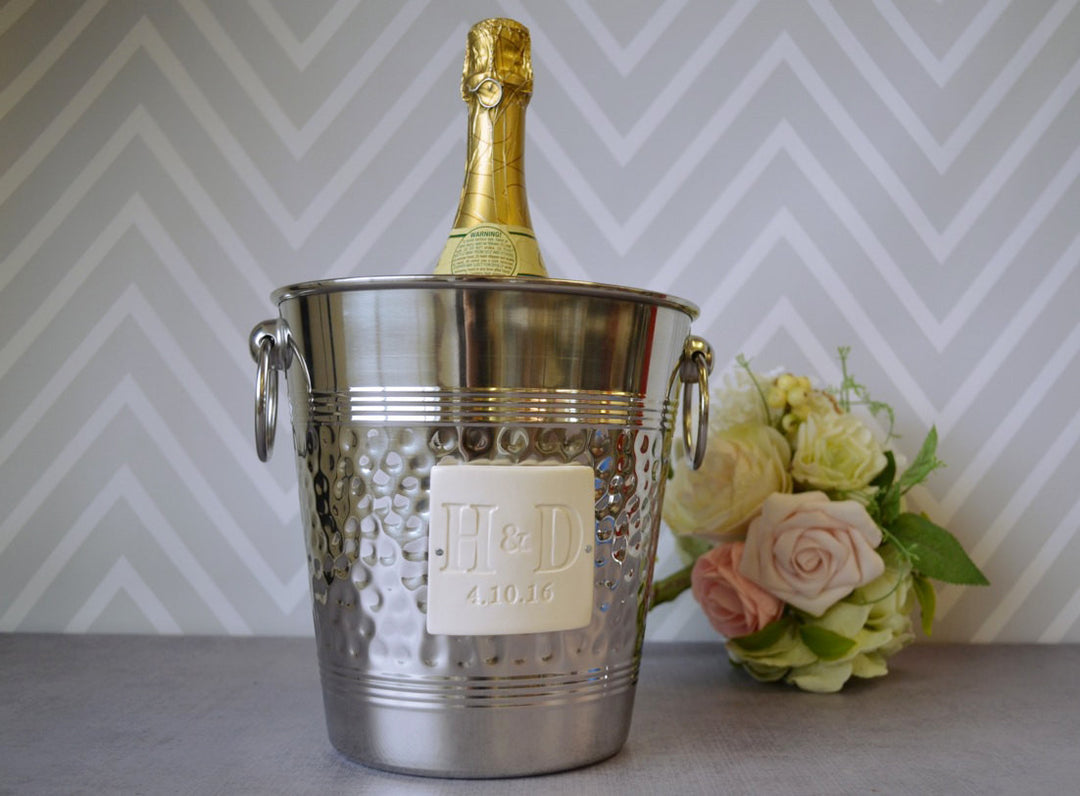 Personalized Wedding Gift - Hammered Stainless Steel Wine Bucket wtih Initials