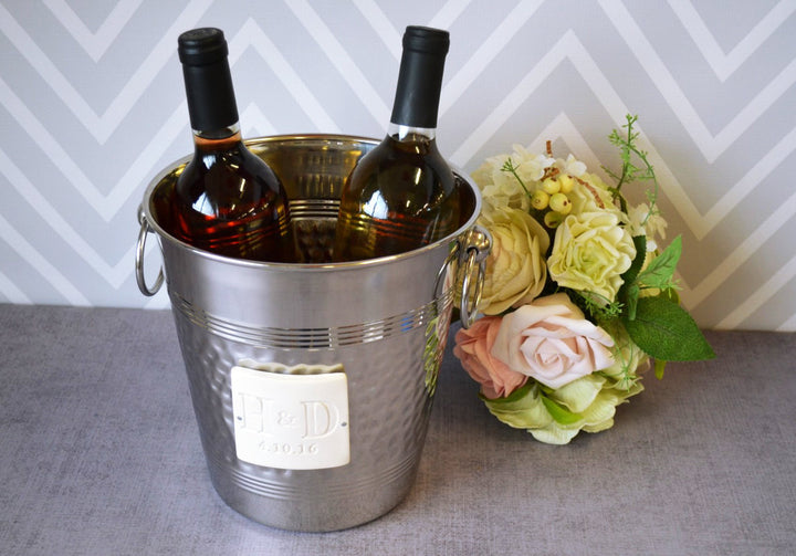 Personalized Wedding Gift - Hammered Stainless Steel Wine Bucket wtih Initials