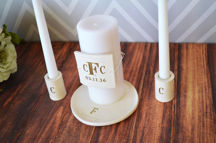 PERSONALIZED Unity Candle Ceremony Set with Ceramic Candle Holders and Plate - in Gold