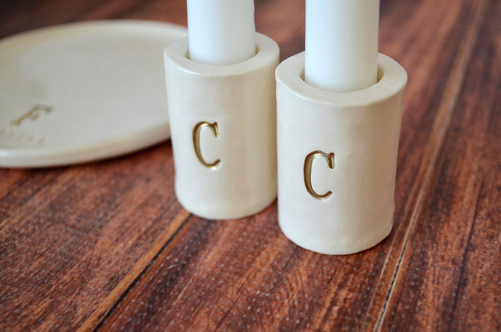 PERSONALIZED Unity Candle Ceremony Set with Ceramic Candle Holders and Plate - in Gold