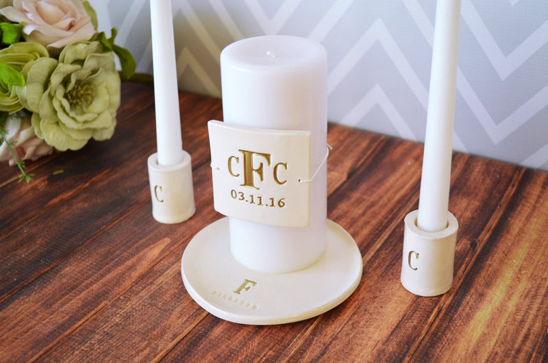 PERSONALIZED Unity Candle Ceremony Set with Ceramic Candle Holders and Plate - in Gold