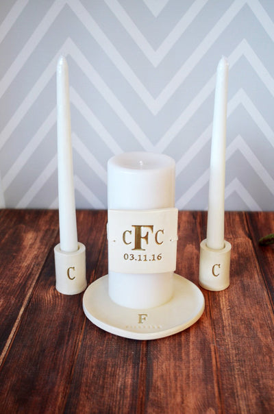 PERSONALIZED Unity Candle Ceremony Set with Ceramic Candle Holders and Plate - in Gold