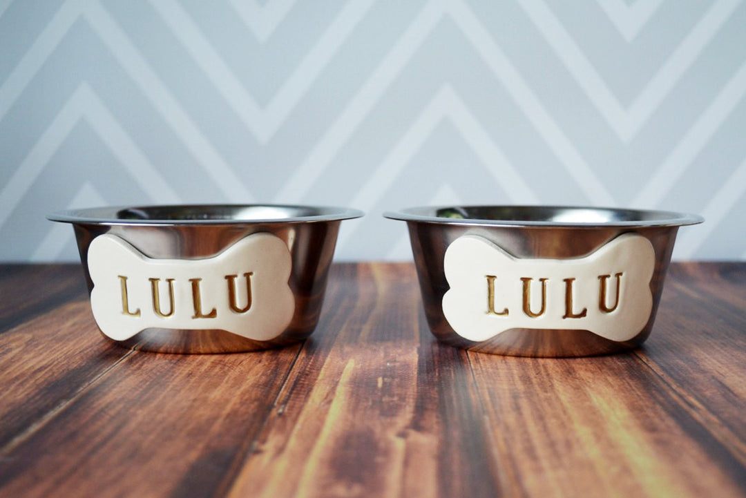 Personalized Set of Dog Bowls - Stainless Steel - Small Size (5 3/8" dia.)