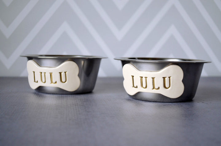 Personalized Set of Dog Bowls - Stainless Steel - Small Size (5 3/8" dia.)