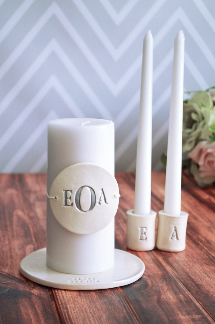 PERSONALIZED Unity Candle Ceremony Set with Ceramic Candle Holders and Plate