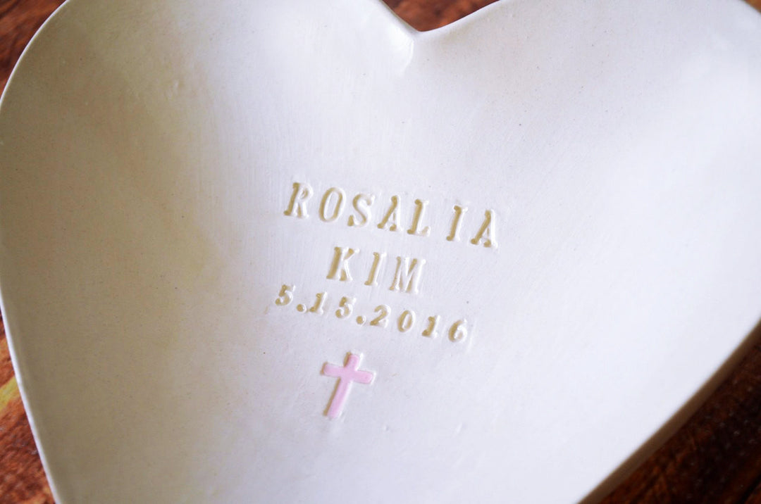 Baptism Gift - Large Personalized Heart Bowl With Name and Cross