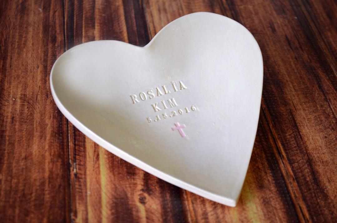 Baptism Gift - Large Personalized Heart Bowl With Name and Cross