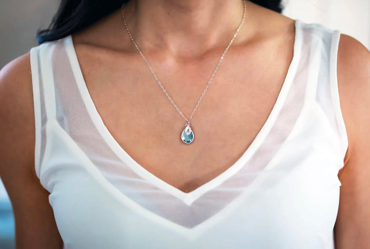 Aquamarine Necklace, March Teardrop Birthstone Necklace