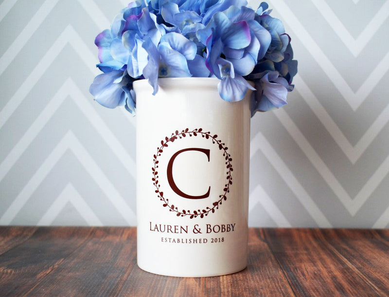 Wedding Gift, Anniversary Gift or Engagement Gift - Use as a Personalized Vase or Utensil Holder - Wreath Design