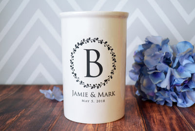 Anniversary Gift, Wedding Gift or Engagement Gift - Use as a Personalized Vase or Utensil Holder - Wreath Design