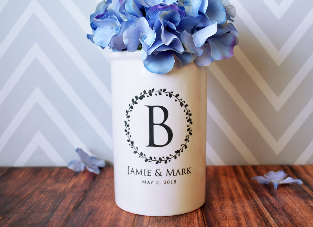 Anniversary Gift, Wedding Gift or Engagement Gift - Use as a Personalized Vase or Utensil Holder - Wreath Design