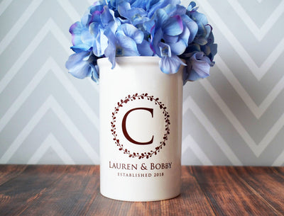 Anniversary Gift, Wedding Gift or Engagement Gift - Use as a Personalized Vase or Utensil Holder - Wreath Design