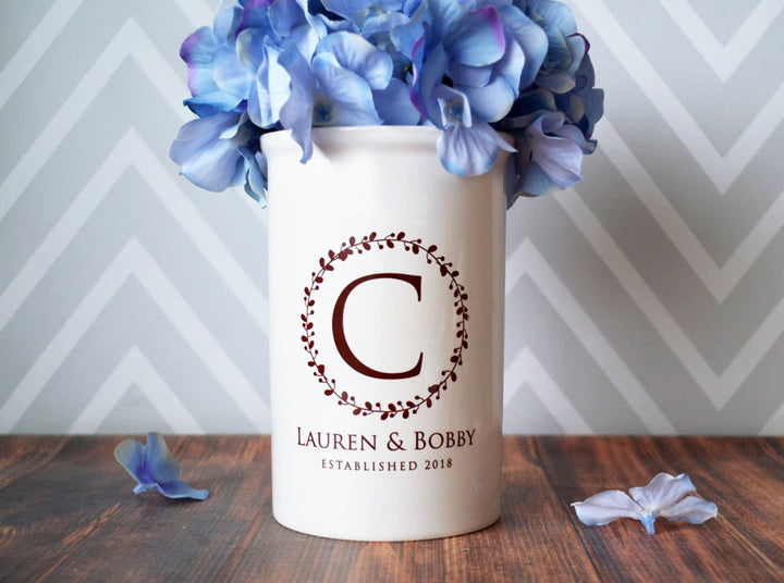 Anniversary Gift, Wedding Gift or Engagement Gift - Use as a Personalized Vase or Utensil Holder - Wreath Design