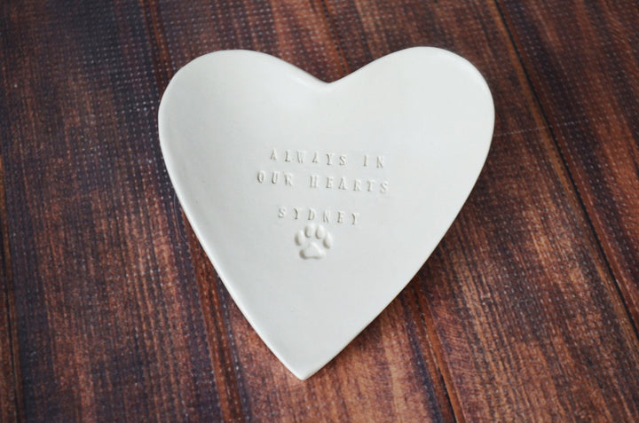 Dog Sympathy Gift, Pet Memorial Gift - Always in our Hearts - With Pet's Name - Heart Shaped Bowl