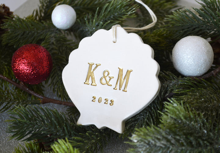 Personalized First Christmas Shell Ornament with Initials and Year