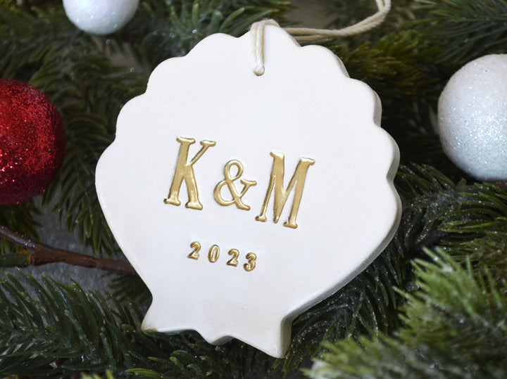 Personalized First Christmas Shell Ornament with Initials and Year