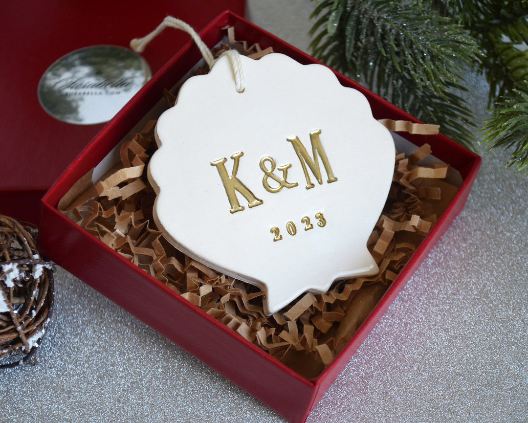 Personalized First Christmas Shell Ornament with Initials and Year