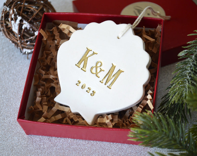 Personalized First Christmas Shell Ornament with Initials and Year