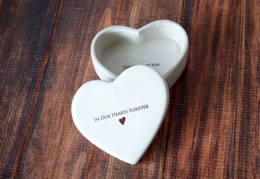 Sympathy Gift - In Our Hearts Forever - Add Custom Text - Heart Shaped Ceramic Keepsake Box