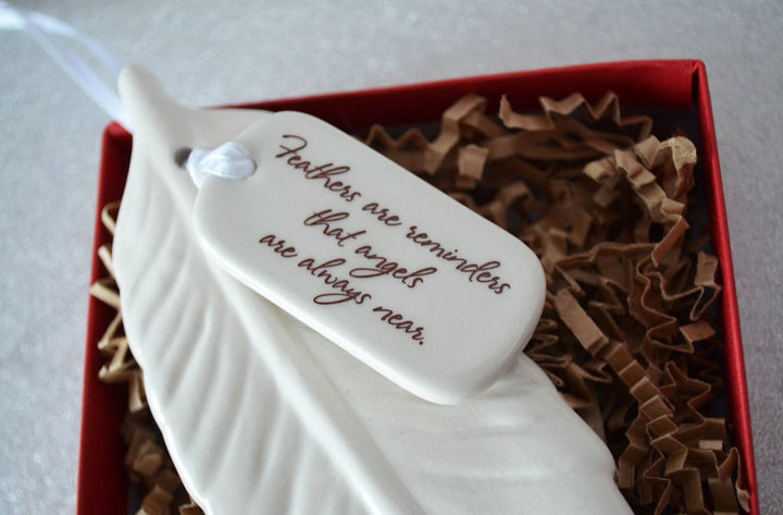 Sympathy Feather Ornament - Add Custom Text - Feathers Are Reminders That Angels Are Always Near