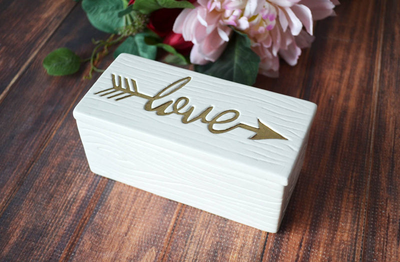 Love Box - Painted in Gold or Silver - Ceramic Wood Grain Keepsake Box - ADD CUSTOM TEXT