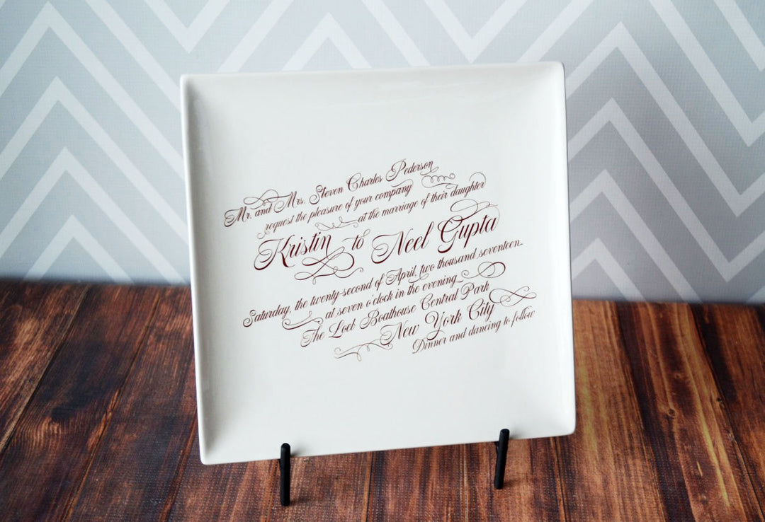 Personalized Large Wedding Invitation Plate - Large Wedding Invitation Plate with Easel - 10 x 10