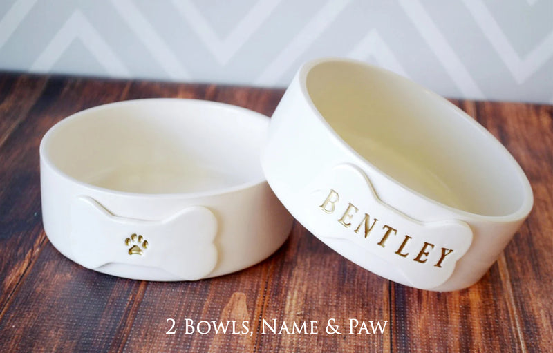 Personalized Dog Bowl - Small/Medium Size - With Name and Paw Print - Ceramic Bowl